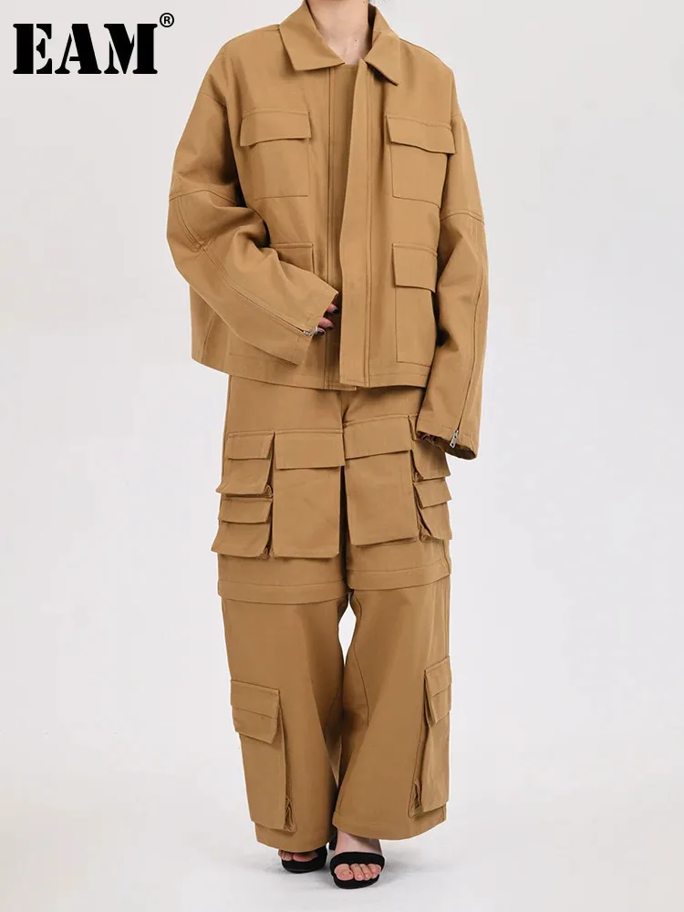 

[EAM] Khaki Big Size Coat Wide Leg Pants Two Piece Suit New Lapel Long Sleeve Women Fashion Tide Spring Autumn 2024 28W105