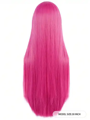 Imagen 2 del producto Peluca de Cosplay de princesa recta rosa fuerte de 30 pulgadas con flequillo para mujeres pelucas de pelo sintético resistentes al calor para Halloween