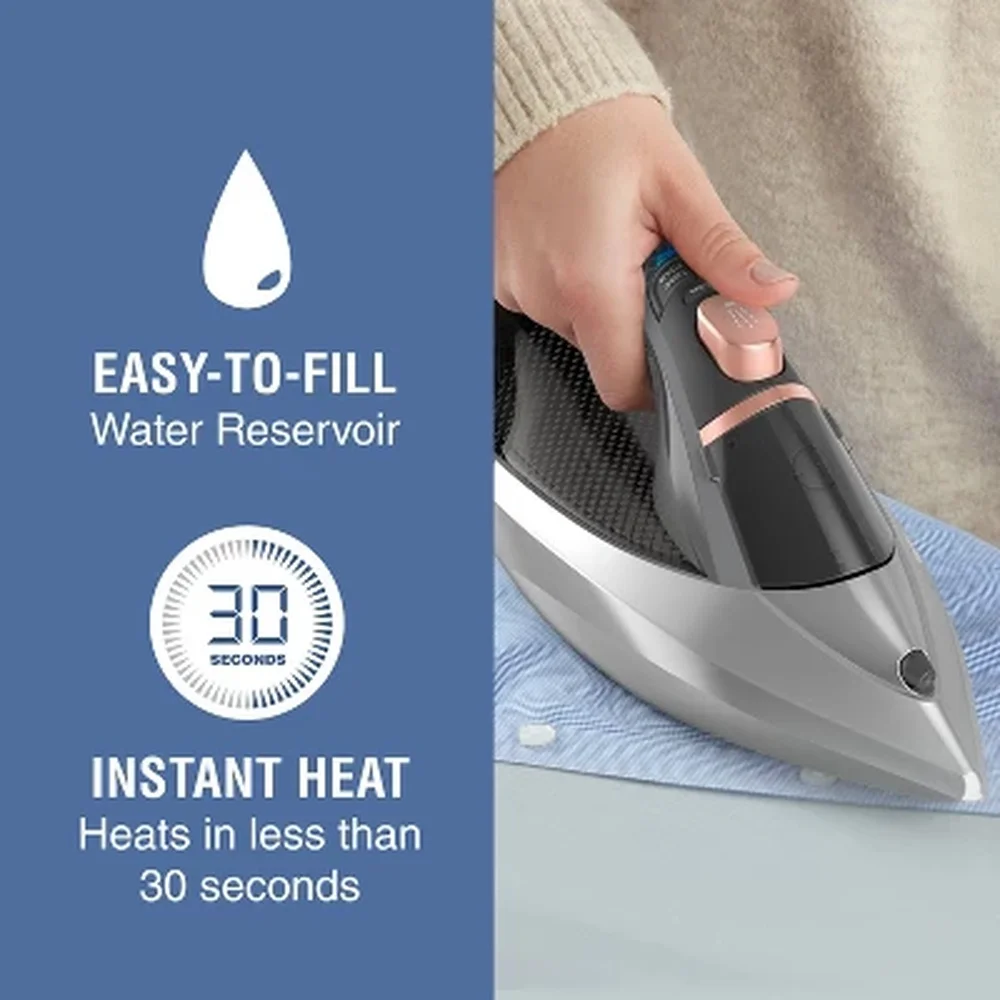 Profesjonalny parownica do ubrań, żelazko z technologią One-Temp, nieprzywierająca stopa, natychmiastowy podgrzew, turbo par, bezpieczna dla wszystkich tkanin, samooczyszczanie.