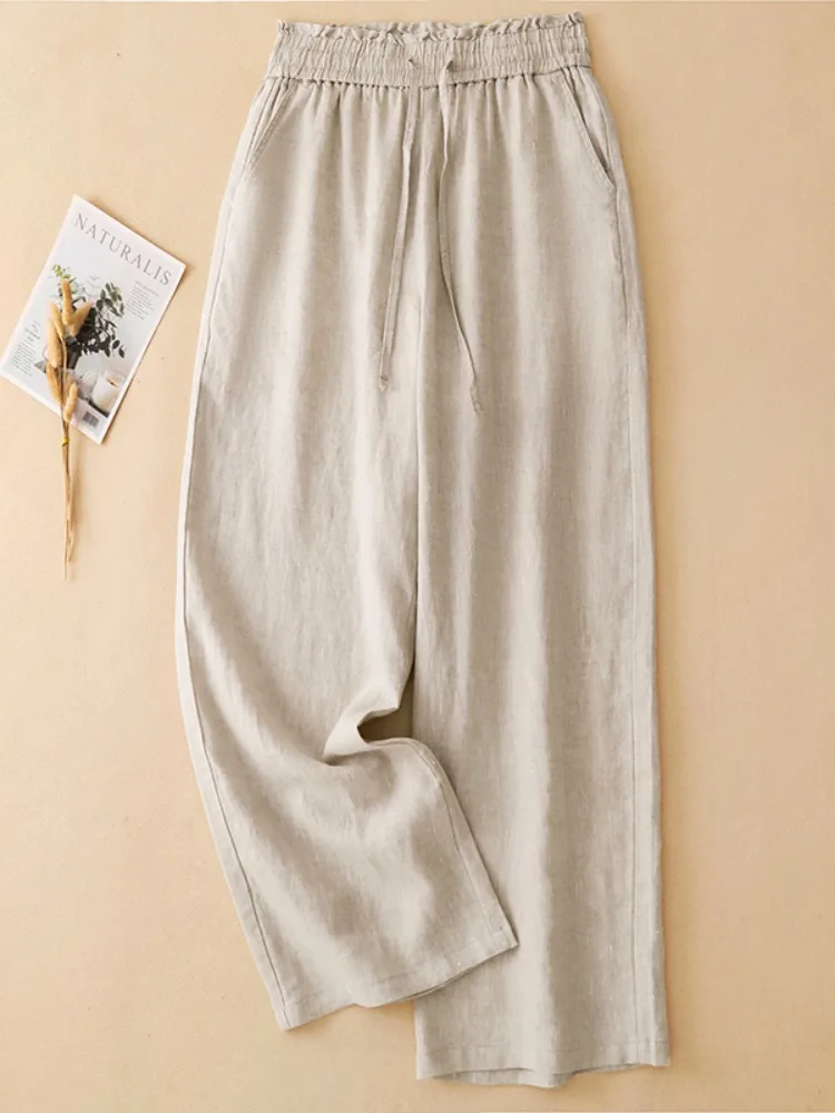 

High-End Linen Loose Wide Leg Pants Women Summer Thin Hanging Sense High Waist Drawstring Casual Straight Long Trousers