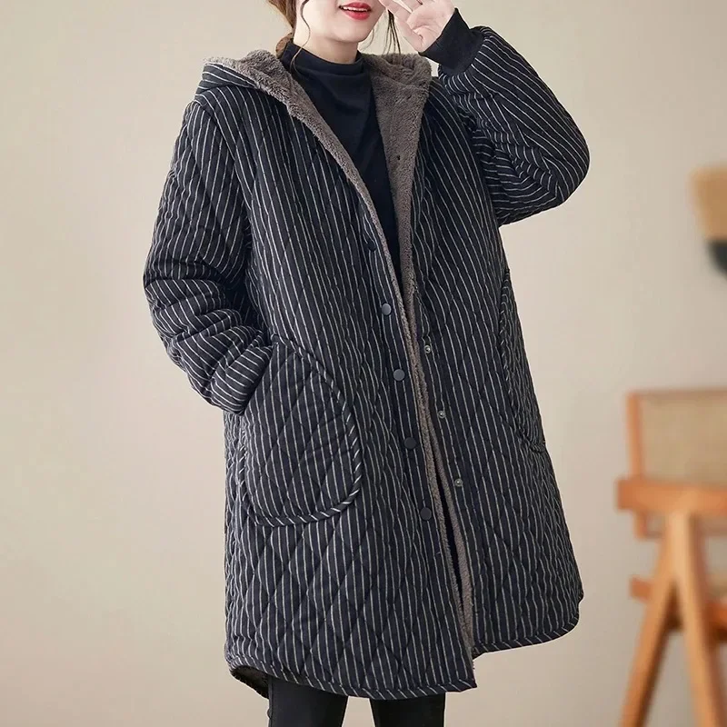 2024 WERF Casual Winter Jackets Stripe Hooded Quilted Thicken Coats Women\'s Clothing Large Size Long Parkas Winter Cotton Coats