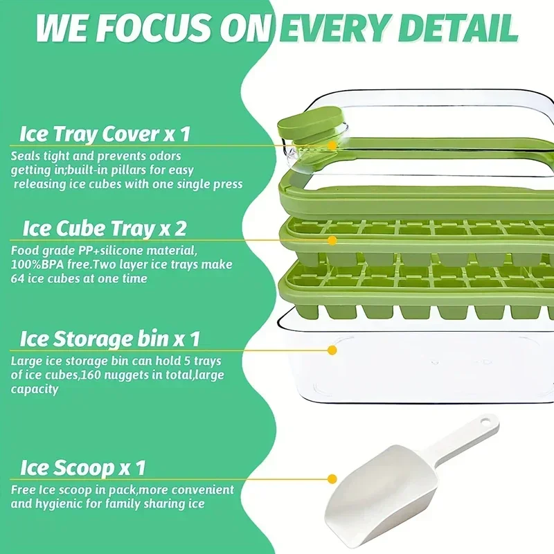 32 Grid Silicone Ice Cube Tray Mould With Lid Shovel Storage Box Remove With One Click Ice Maker DIY Whiskey Cocktail Tools