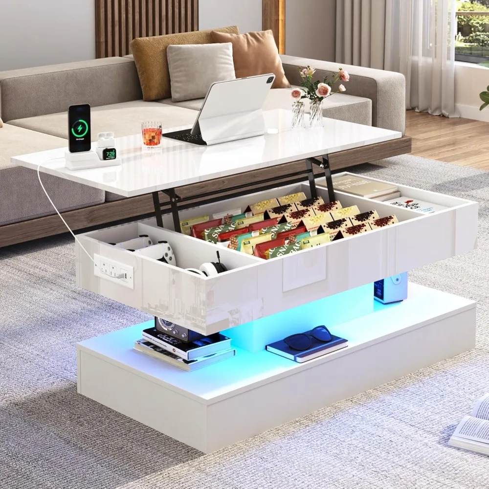 

39.4" Large Lift Top Coffee Table,Modern High Glossy LED Coffee Tables for Living Room with Storage,Black Living Room Tables