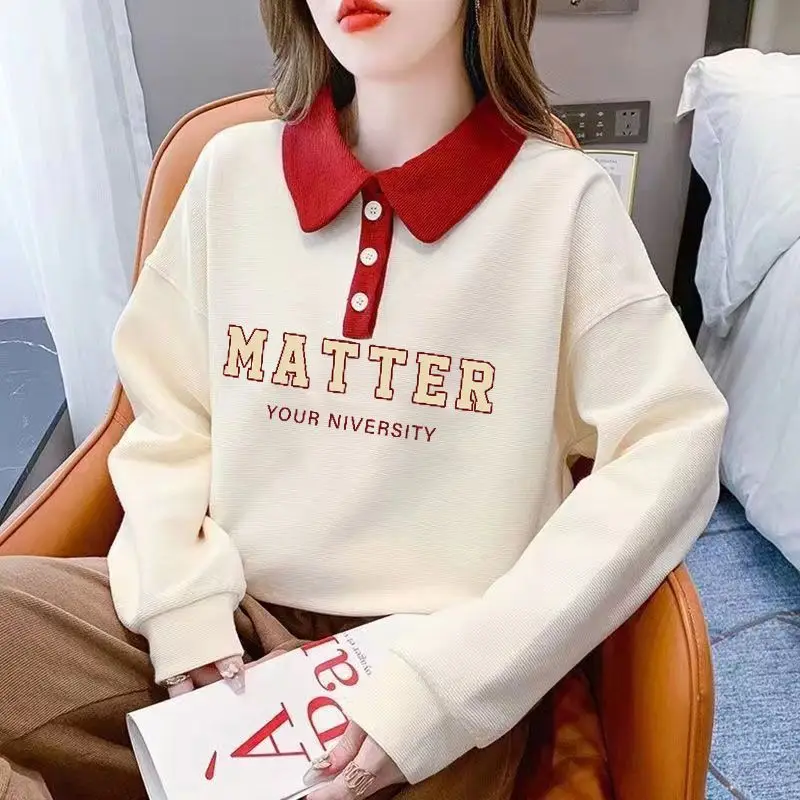 Sweet Lapel Spliced Letter Printing Korean Tee Shirt Female Clothing 2023 Winter New Loose Casual Tops All-match Warm T-Shirt