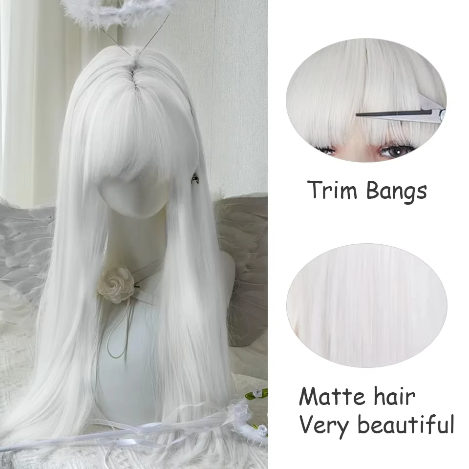 Peluca sintética larga lisa negra con flequillo para mujer, aspecto natural, para Halloween, cosplay y uso diario 3