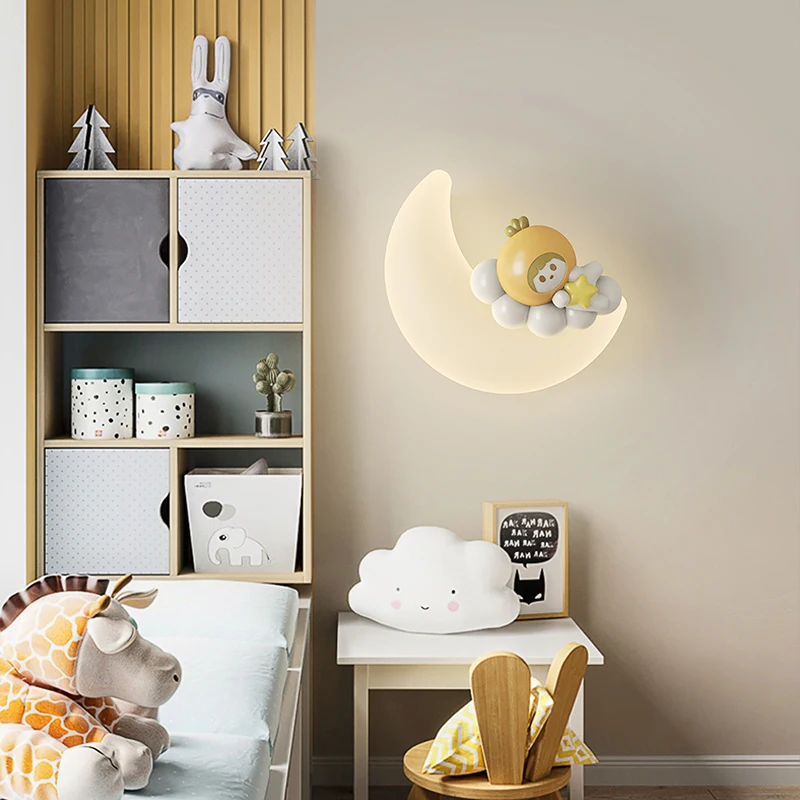 Creative Children Wall Lamps PE White Wall Sconces Moon Lighting Girl Bear Rabbit Kids Bedroom Atsmophere Wall Light LED Indoor