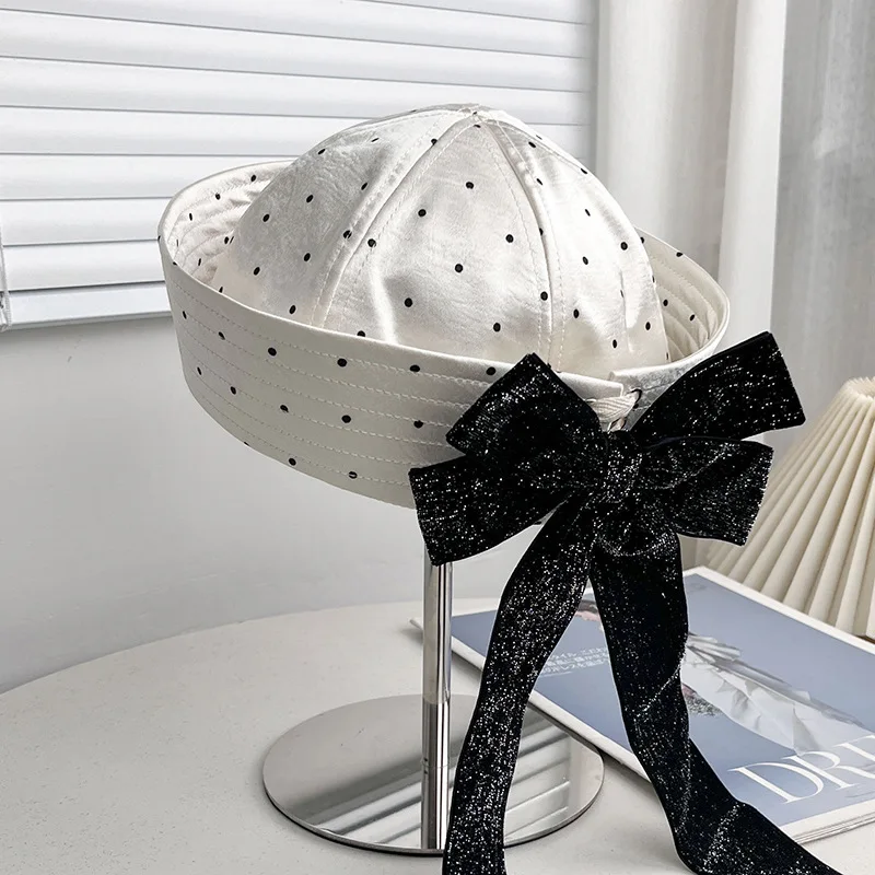 New Korean Style Polka-dot Sailor Hat Spring and Autumn with Bow Ribbon and Versatile Octagonal Flip-brim Beret Caps for Women's