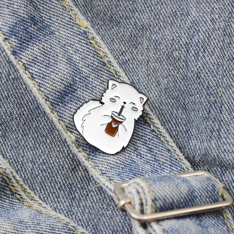 Naughty Cat Enamel Pins Happy Drink Animal Badge Clothes Lapel Pin Cartoon Brooches Jewelry Gifts for Children Friends Wholesale