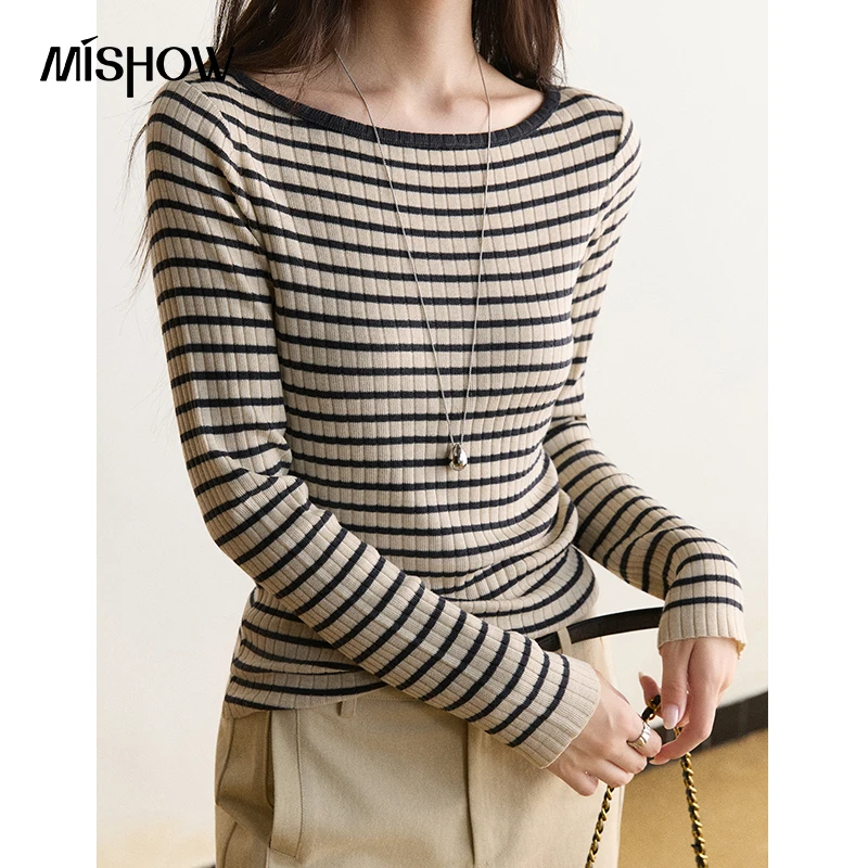 MISHOW Women's Wool Striped Knit T-shirt 2026 Autumn Slim Long Sleeve Crew Neck Top Casual Versatile Tees Office Lady MXF47Z3295