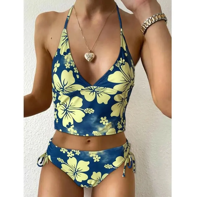 Traje de baño de dos piezas con estampado Floral para mujer, conjunto de Bikini con cuello Halter, Tankini con cordones y realce