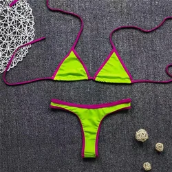 Women Sexy Bikini Set Low Waist V Thong Solid Color Slim No Pad Front Hasp Bathing Swimwear Summer Beach Wear Suit