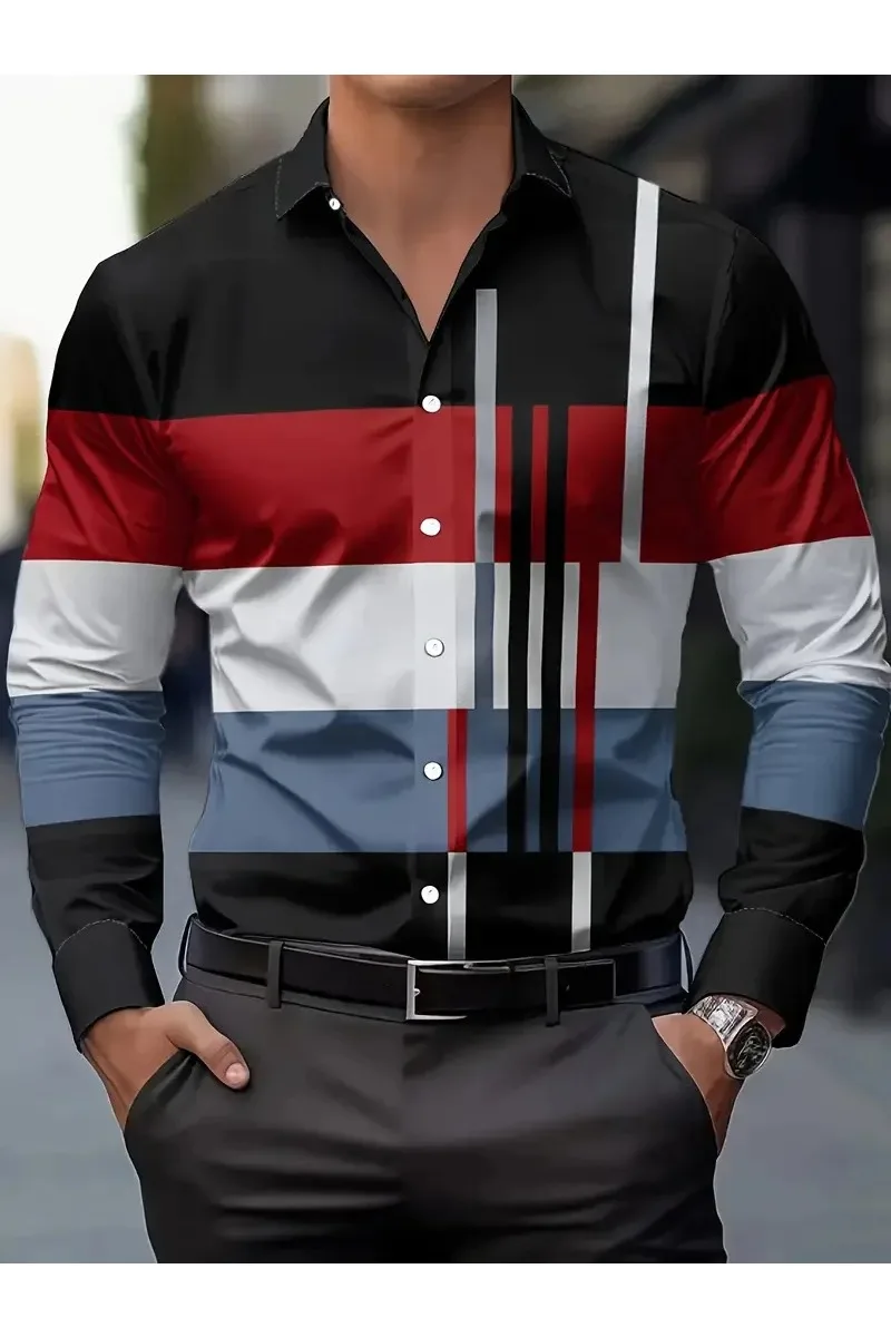 

New Men's Long Sleeve Shirt Striped Pattern 3D Kitten Printed Lightweight and Soft Business Flip-over Fashion Holiday Shirt Top