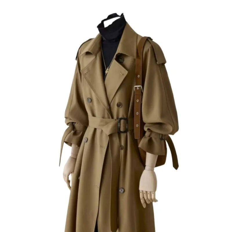 Khaki Trench Coat Women's Medium and Long Spring New Korean British Style Age-reducing Coat Small Men Exquisite and Simple Trend