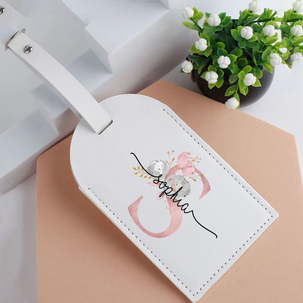 Personalised Leather Luggage Tag Custom Pink Flower Letter Suitcase Tag Bridesmaid Luggage Tag Gift Travel Accessorie Present