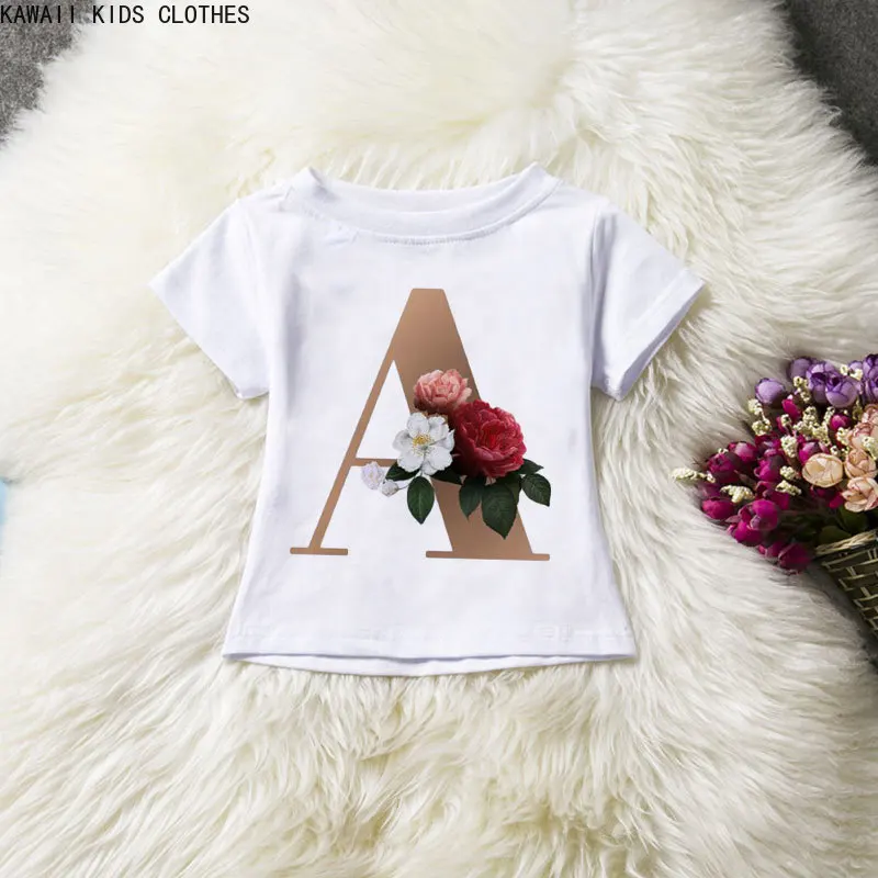 

New Cute Letters A B C D-Z Girl Clothes Harajuku Shirt Birthday Gift Flowers Baby Boy T Shirt Crew Neck Casual White T Shirt
