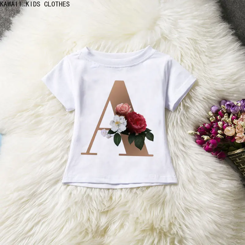 New Cute Letters A B C D-Z Girl Clothes Harajuku Shirt Birthday Gift Flowers Baby Boy T Shirt Crew Neck Casual White T Shirt