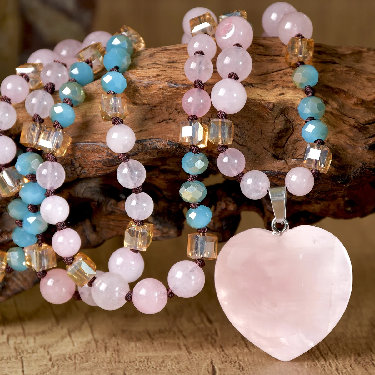 Bohemian Natural Rose Quartz Heart Pendant Hand-Knotted Long Necklace The Perfect For Valentine's Day Gift