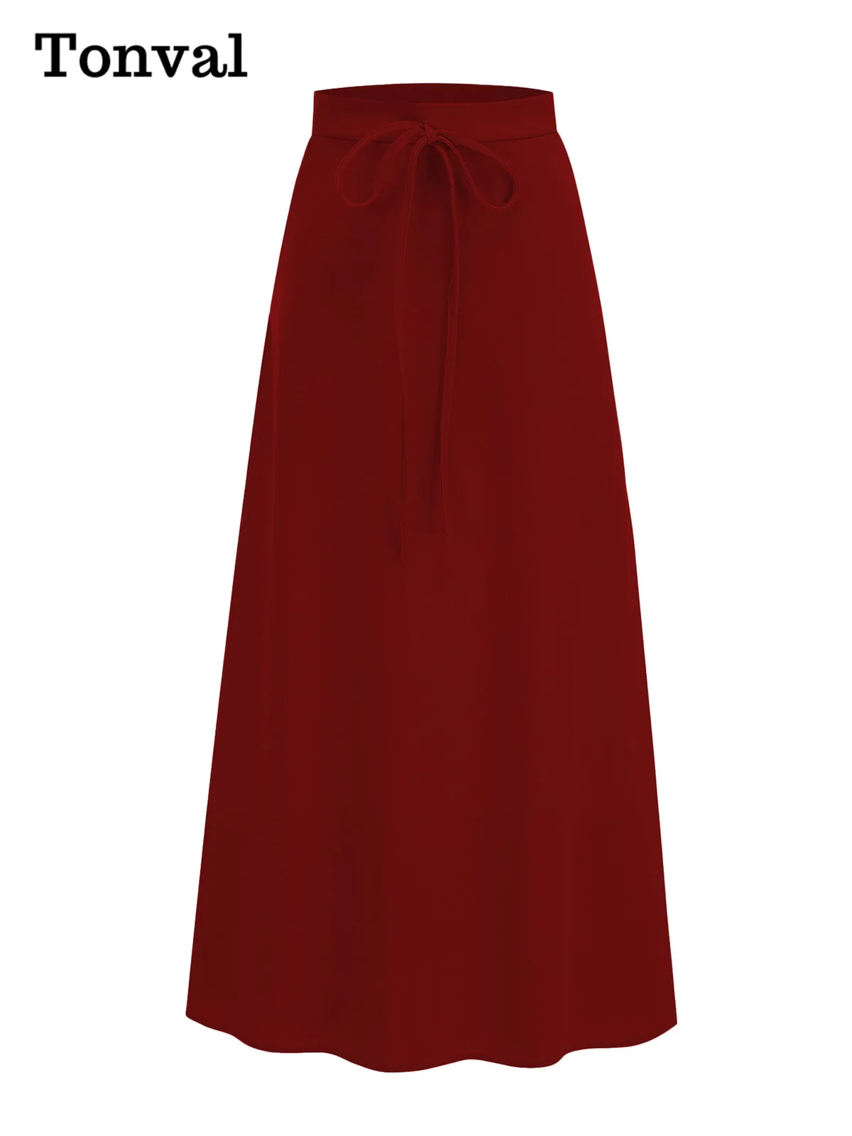 Tonval Bow Front High Waist Long Skirts for Women Spring Summer 2025 Pockets Side Burgundy Vintage Solid Skirt