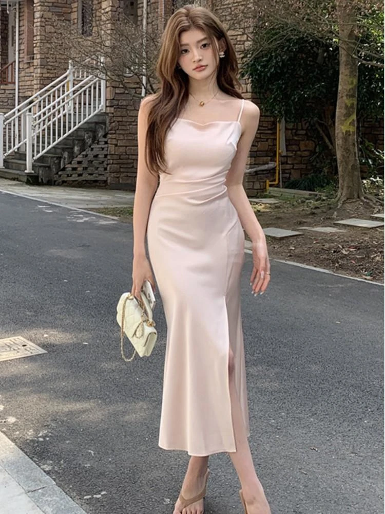 

Elegant Satin Sleeveless Backless Women High Split Slip Midi Dress Sexy Club Ladies Birthday Party Sundress Clothing Simple