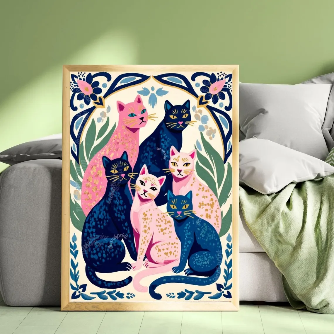 Bunter Katzen-Kunstdruck |   Skurrile Katzen-Wandkunst |   Rosa & blaues Katzenposter |   Geschenk für Katzenliebhaber |   Modernes, maximalistisches Dekor