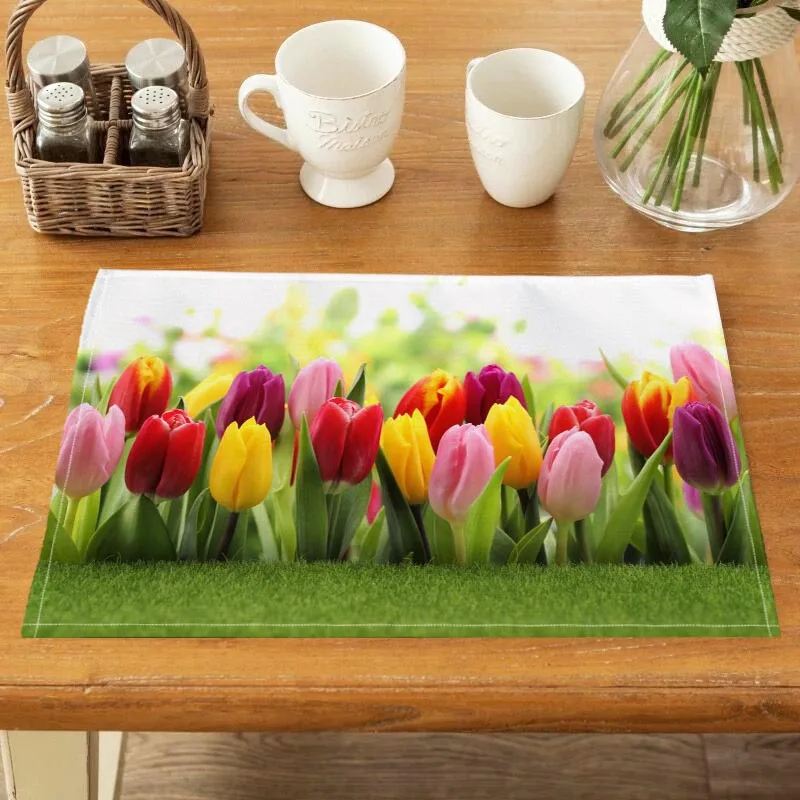 Plant Tulips Placemats For Dinner Table Decoration Accessories Linen Fabric Table Mat 30X40CM For Children Gift