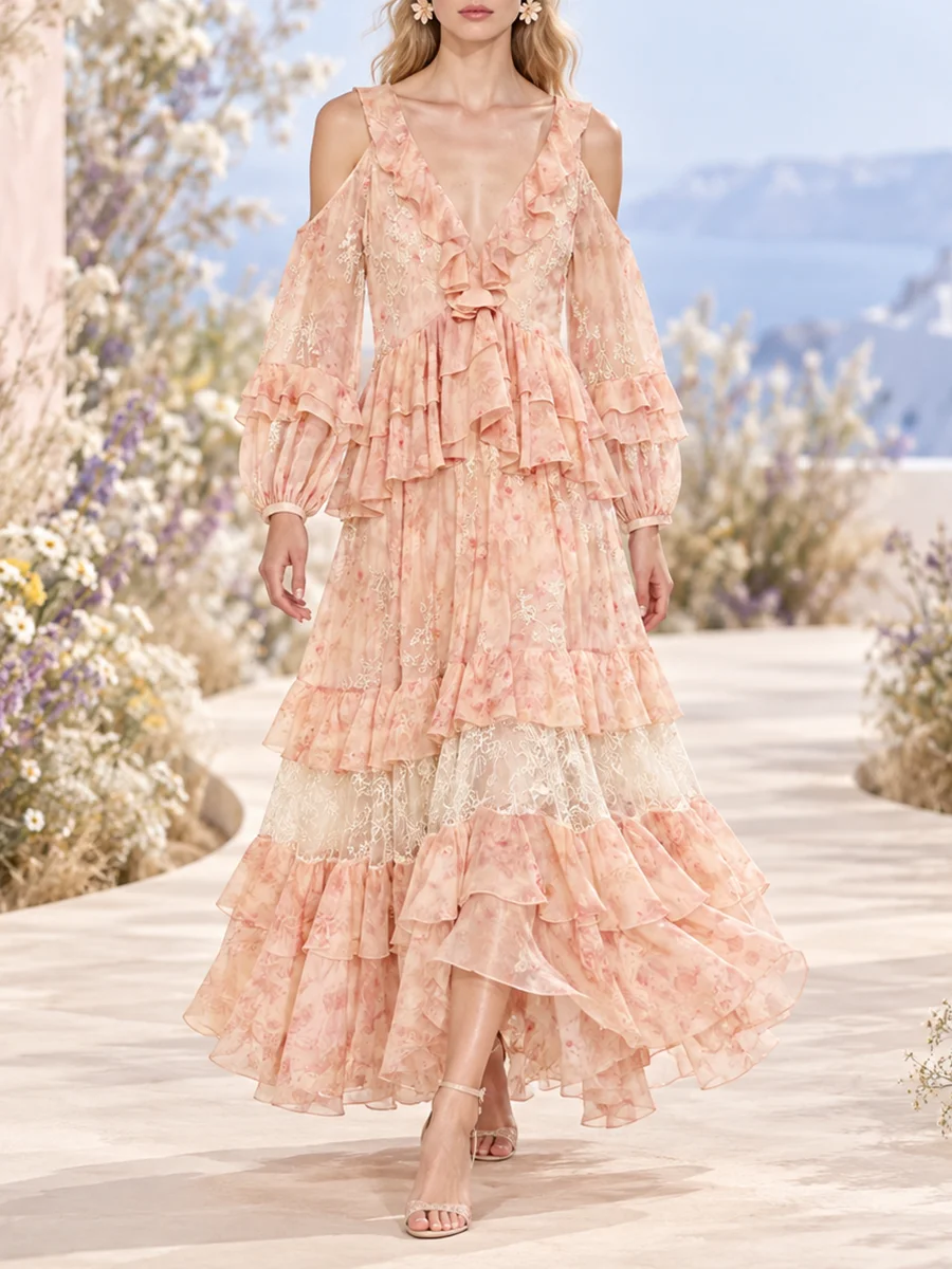 VGH Romantic Floral Ruffled Tiered Maxi Dress for Women V Neck Cold Shoulder Long Sleeve Lace High Waist for Party Casual Daily