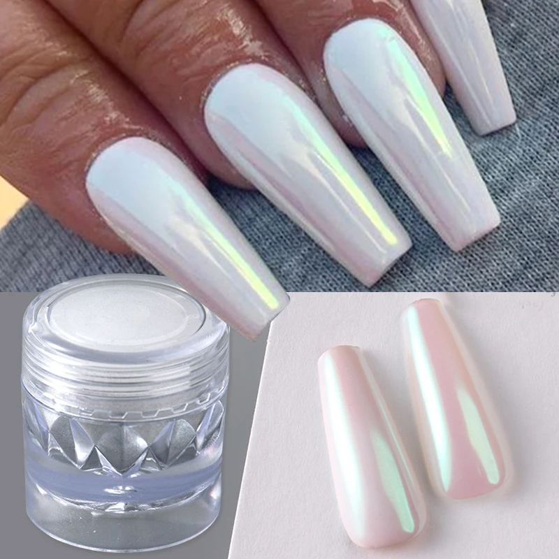 Aurora Moonlight Pearl White Nail Glitter Powder Magic Mirror Chrome Pigment Holographic Ice Mermaid Nail Art Rubbing Dust Decor