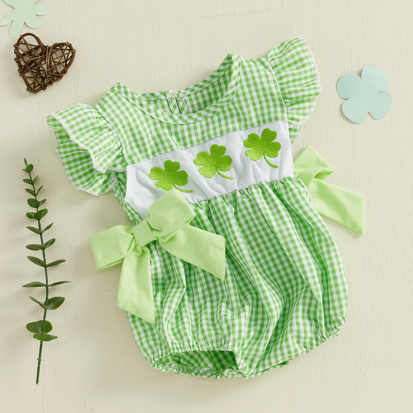 Baby Girl Irish Day Romper Summer Princess Plaid Print Clover Embroidery Newborn Jumpsuit Cute Sweet Party Toddler Clothes