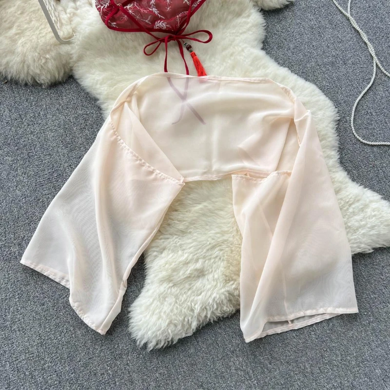 Red Chinese Traditional Perspective Lingerie Cosplay Soft Women Robe Chemise Chiffon Sleepwear Sexy Nightdress Hanfu Fairy Dress