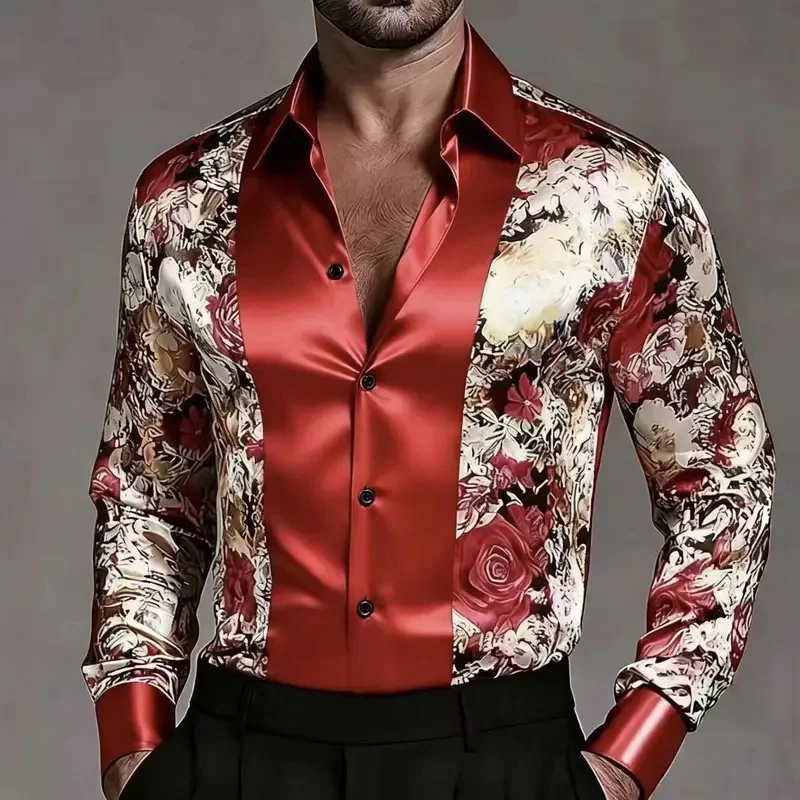 Slim Fit Men's Fashionable Shirt with Contrasting Satin Striped Flower Pattern Elegant and Comfortable High-Quality Casual Top