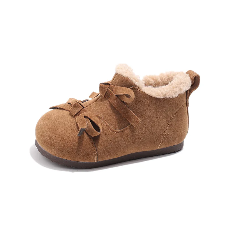 Bottes courtes rétro avec double nœud papillon pour enfants, bottes de neige pour garçons et filles, chaussures chaudes en coton, design mignon pour bébé, hiver