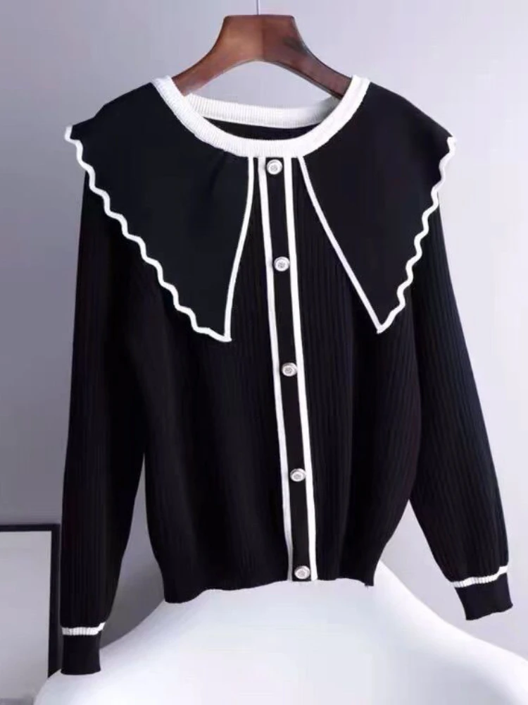 Fashion Elegant Thin Pullovers Peter Pan Collar Long Sleeve Contrast Color Spring Autumn Sweaters Design Loose Women's Clothing