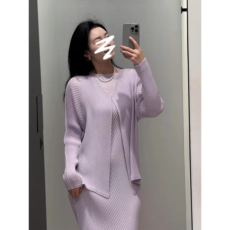 

High-end Slim Pleated Dress Fashion Hundred Long Sleeve Solid Colour Jacket Women's Two Pieces Miyake 2025 Summer New ALSEY