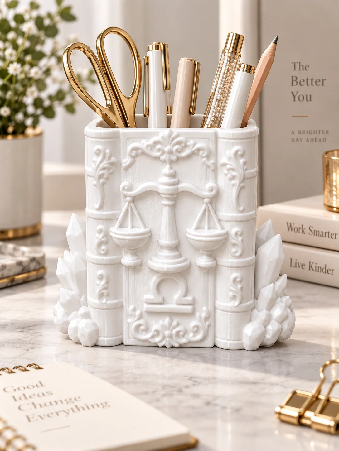 Large Capacity Libra Justice Scale Book-Shaped Desktop Organizer, Embossed Crystal Decoration Matte White Stationery Storage Tube, Stable and Durable Base with Wide Opening, Multi-Purpose Pen Holder, Makeup Brush Storage Box, Space-Saving for Office and Study, Practical Desktop Decoration for Home, Creative Gift