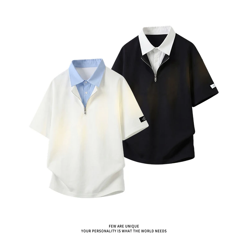 Trendy Semi Zip Two Tone Polo Shirts for Men Summer Casual Short Sleeve Tops Couple Streetwear Breathable Loose Fit