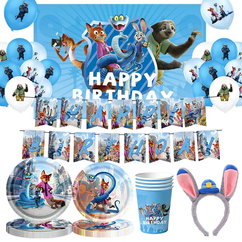 Décoration d'anniversaire Zootopia, thème Zootopia 2, gobelets, assiettes, nappe, bannière joyeuse, ballons, bracelets, fournitures de fête pour enfants