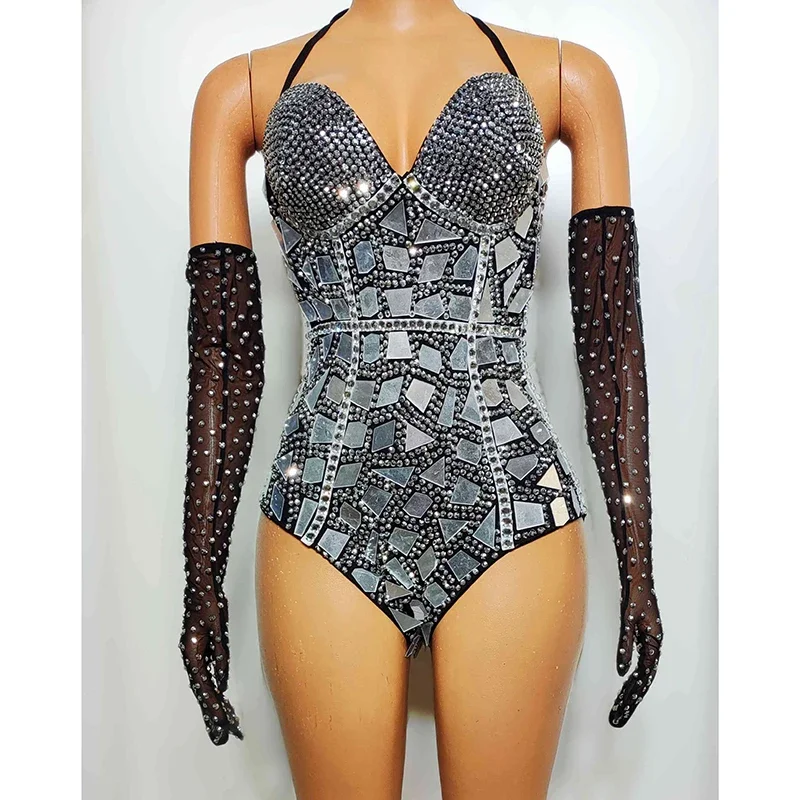 

Stage Outfits Full Diamond Sexy Perspective Bodysuit Nightclub Bar Female Singer Dance Gogo Party Dress Women Jazz Dance wear