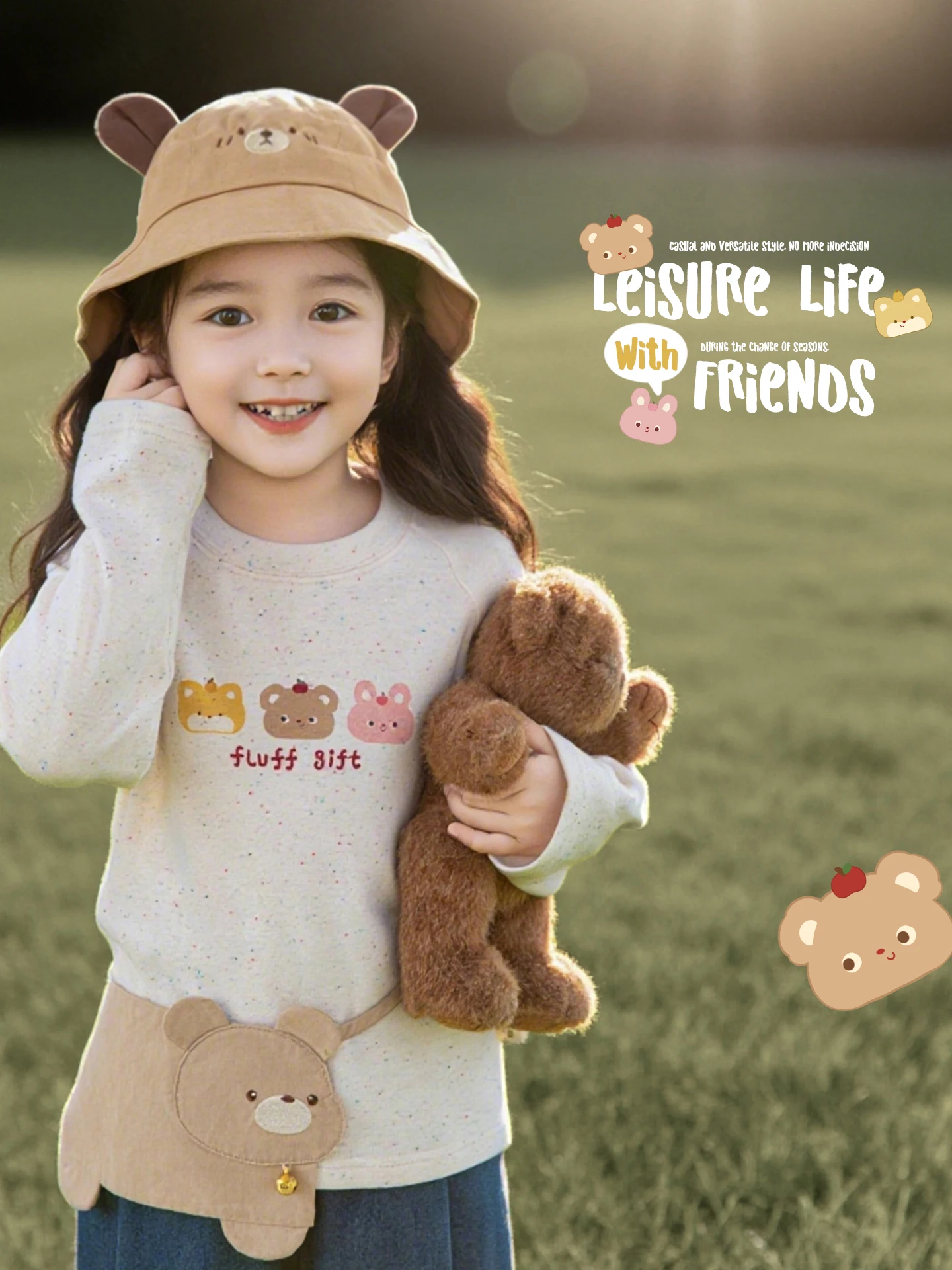 Girls Bear Theme Multi-Piece Set Autumn Comfortable Raglan Sleeve T-Shirt Soft Denim Vest for 1-7 Years