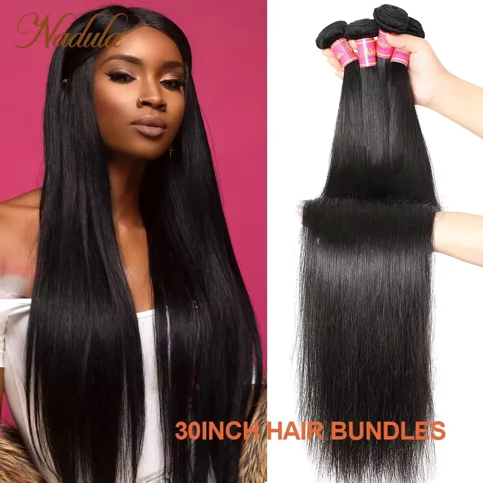 Nadula Hair 28 inch 30 inch Brazilian Straight Human Hair Bundles 1PC/2Bundles/ 3Bundles/4 Bundles 100% Raw Straight Virgin Human Hair Weaves Double Weft Can be Dyed and Restyled  Last More than 12 Months No Reason Free Local Return