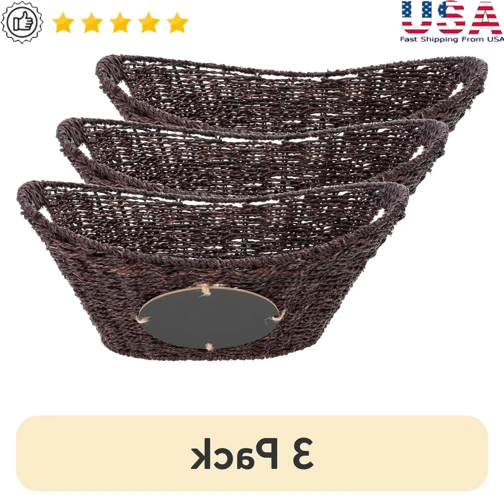 

3 Pack Oval Seagrass Storage Baskets with Chalkboard Labels Cutout Handles Organizing Home Office Essentials and Clutter
