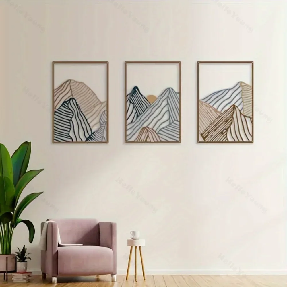 3pcs Minimalist Mountain Landscape Metal Wall Art: Square Hollow-Out Panels, Stunning Modern Home Decor for Living Room