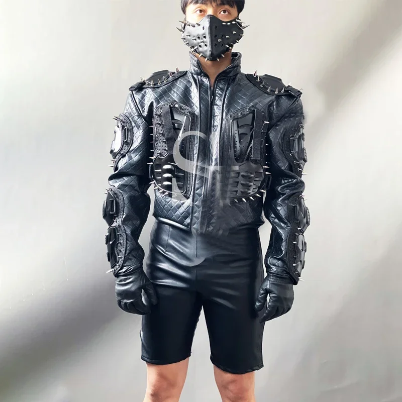 Bar Nightclub Bar Dj Ds Gogo Costume Punk Style Rivet Black PU Jacket Shorts Men Pole Dance Clothing Stage Rave Outfit XS5570