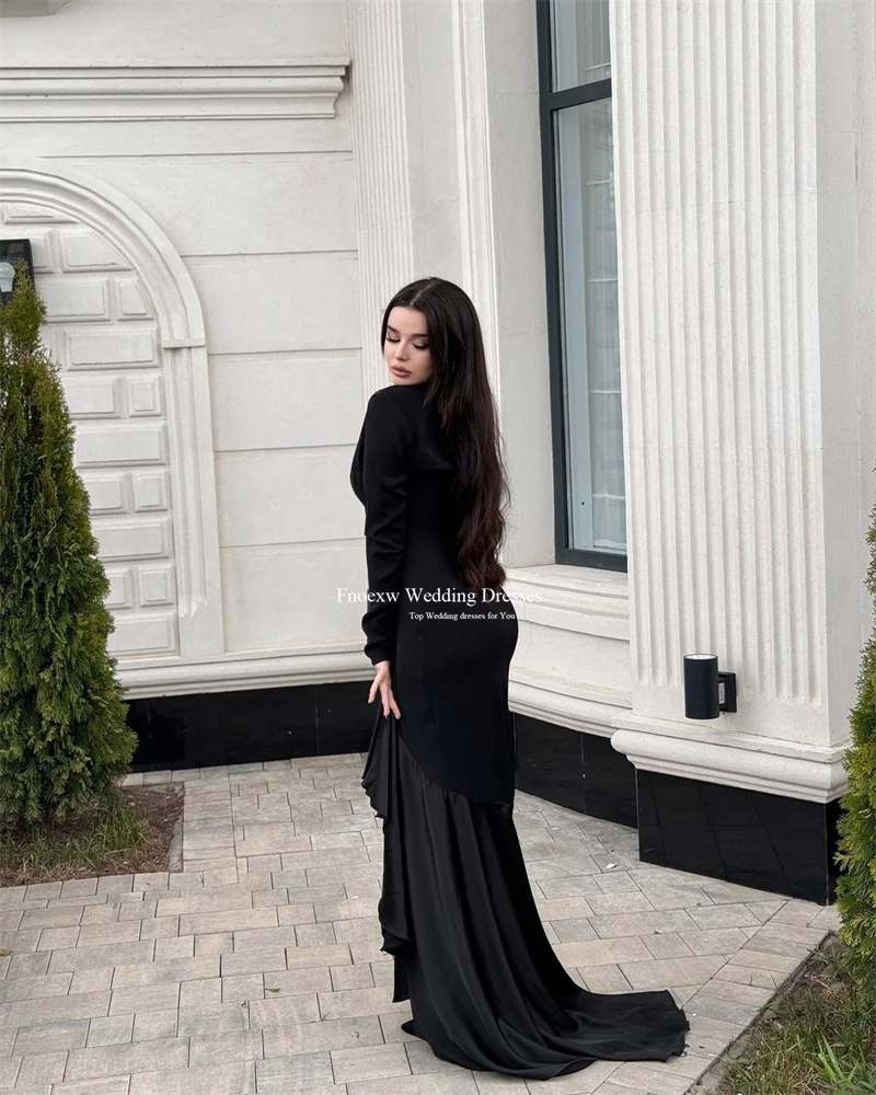 Fnoexw Black Mermaid Prom Dresses Vestido Festa فساتين السهرة Satin Evening Dress Long Sleeves Saudi Arabia Birthday Party Dress