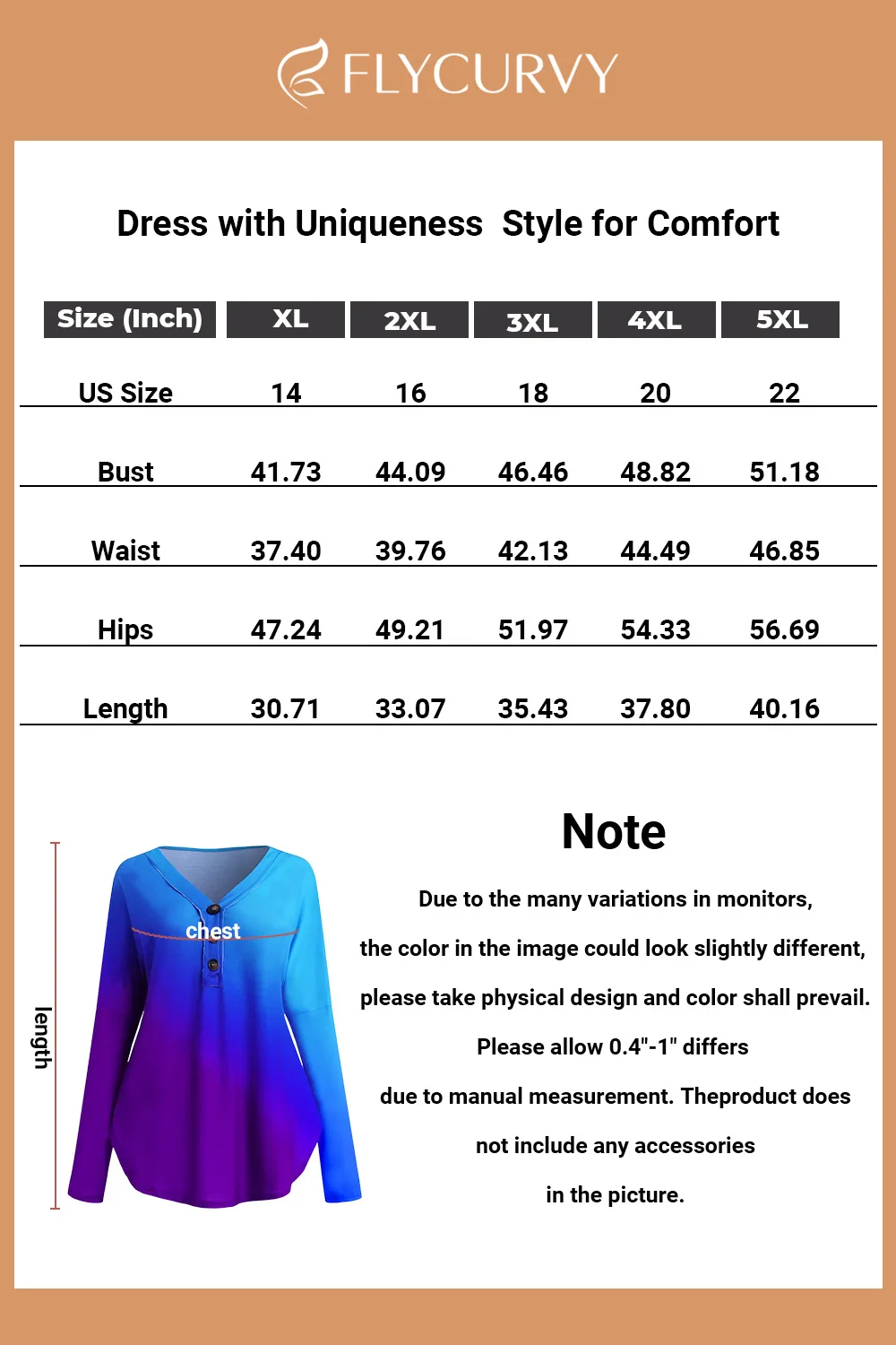 Bluzka Flycurvy Plus Size Casual Blue and Purple Splicing Ombre Button V Neck Bluzka z długim rękawem