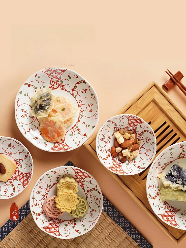 Original Porcelain Dinnerware Set Hasami-Yaki Ceramic Bowls with Red Drawing Floral Patterns Japanese Style round Shape for M...