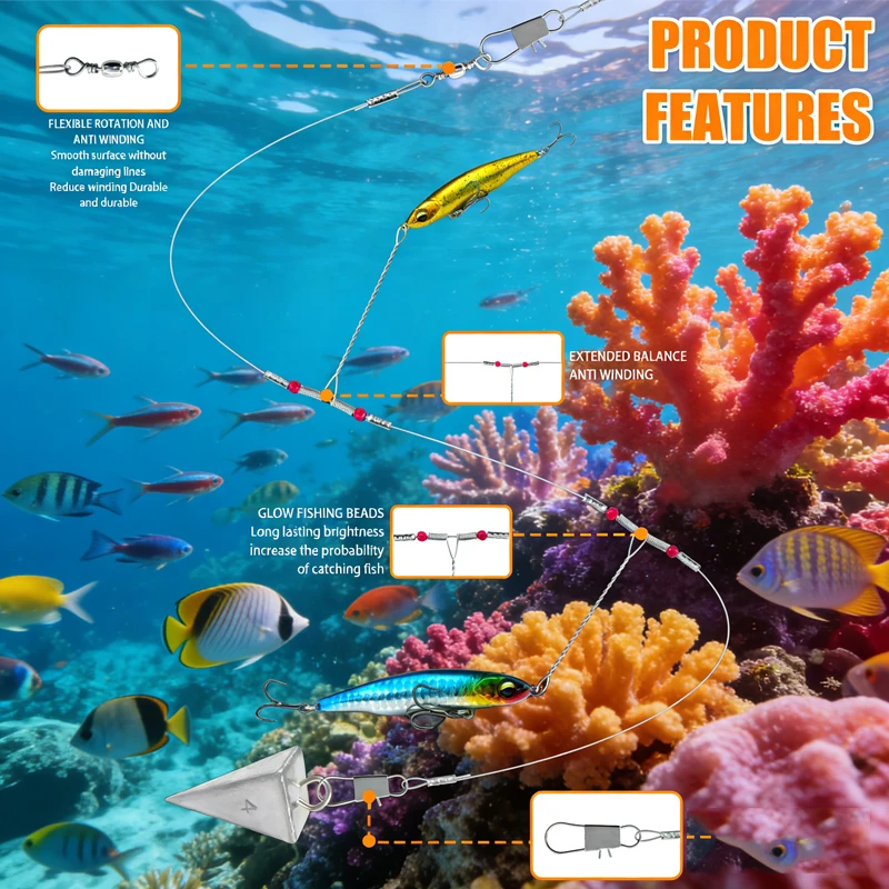 YOTO Sea Fishing Balance Rig with 7-Strand Steel Wire Leader-Anti-Wind Glow Beads Saltwater Fishing Tackle for Fresh/Salt Water