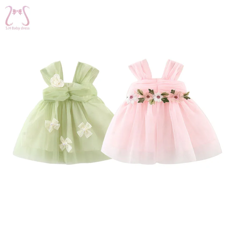 Sweet Flower Fairy Baby Girl Party Dresses Summer Solid Color Mesh Princess Evening Dress Kids Costume 0 to 3 Years Old Children