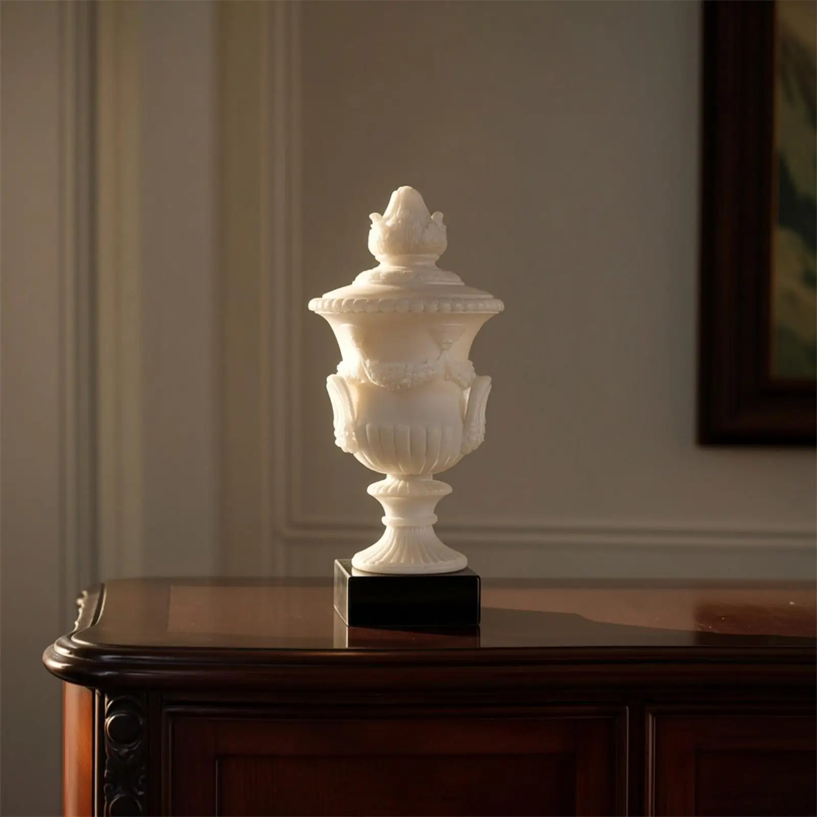 Tabletop Urn Decorative Vase Resin Ivory Stone Look Flared Rim Pedestal Base Chic Accent for Interior Decoration