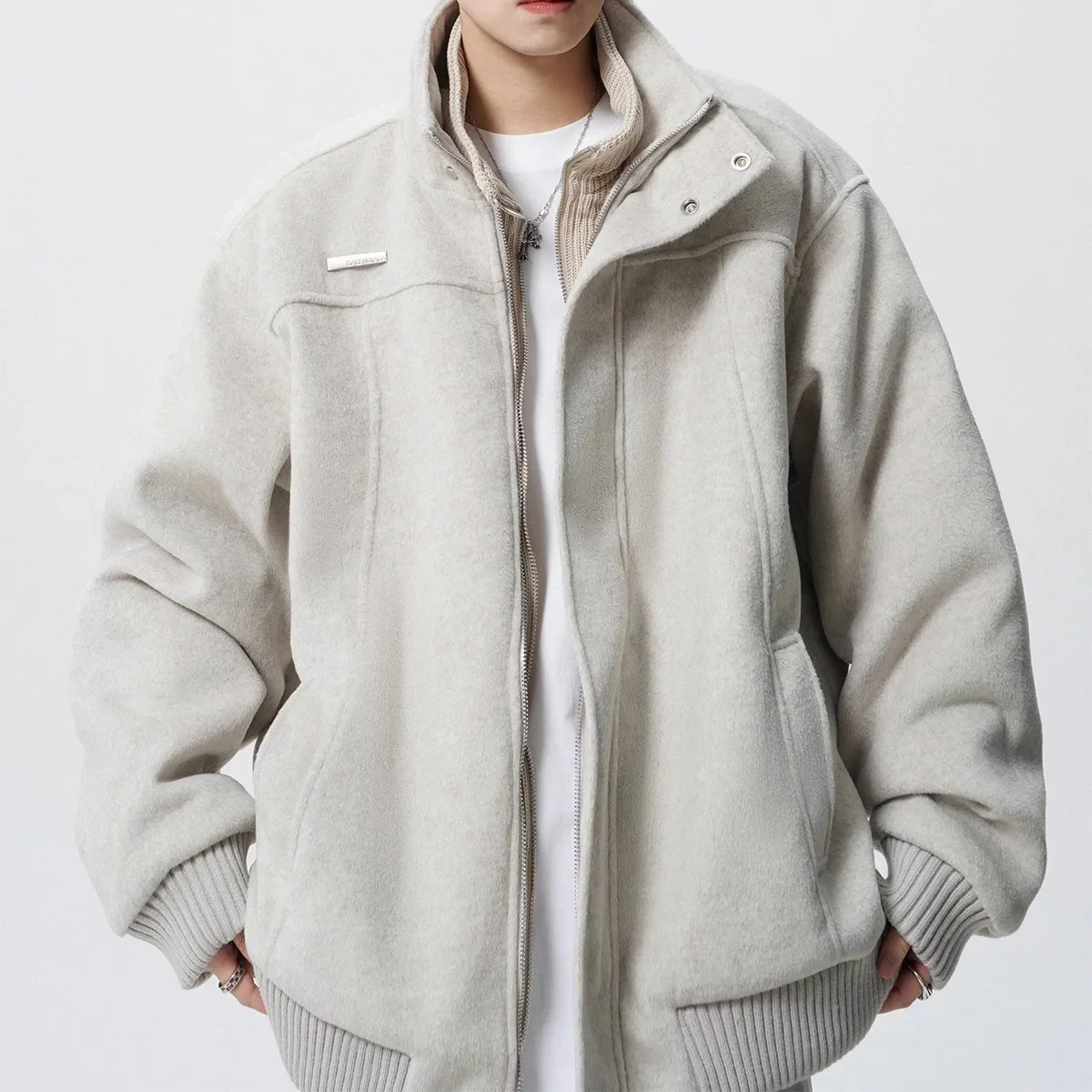 

Autumn Winter Men Jacket American Retro Stand Collar Male Outerwear Long Sleeve Oversize Versatile Man Fake Two-piece Coat