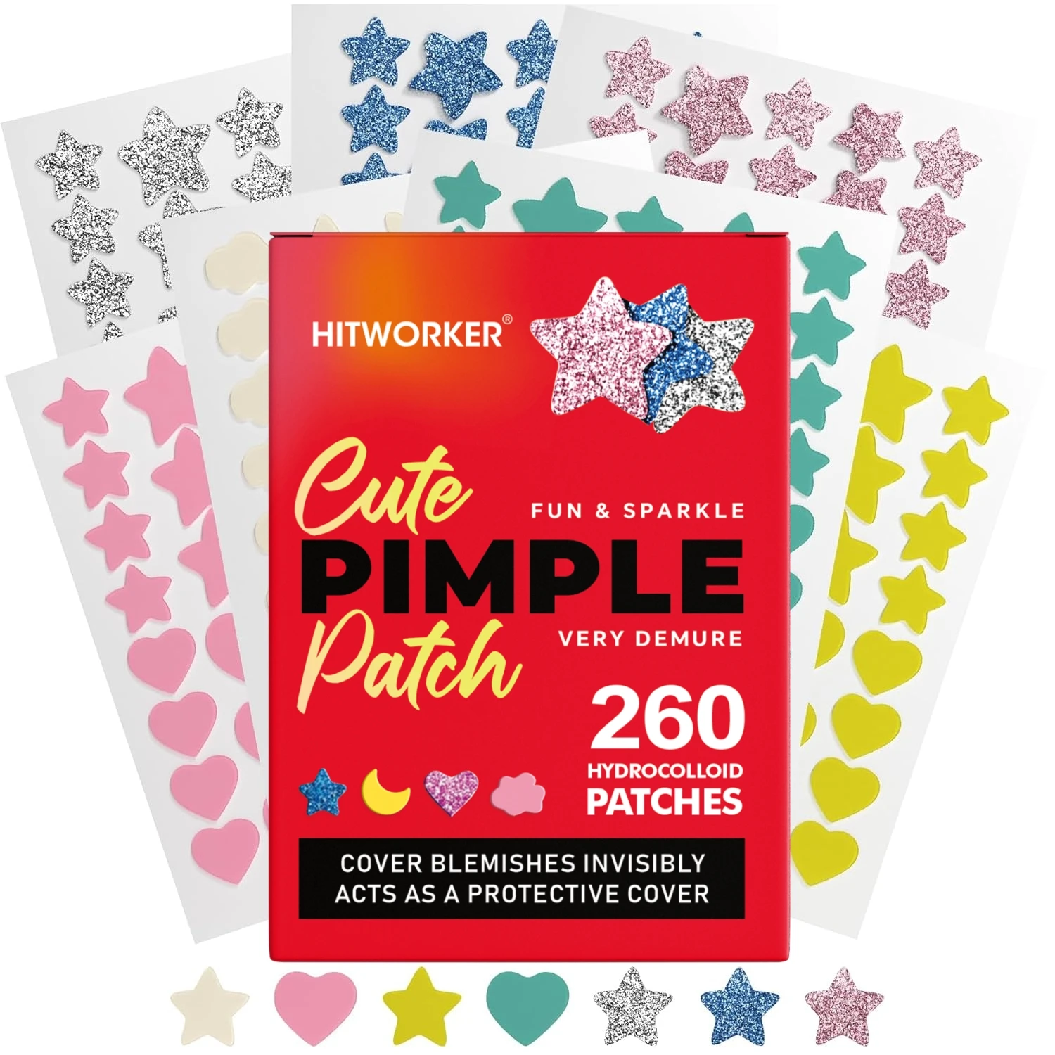260PCS Hydrocolloid Pimple Patches for Face, Colorful Star Heart Moon Blemish Cover Stickers, Mixed Shape Facial Spot Patches